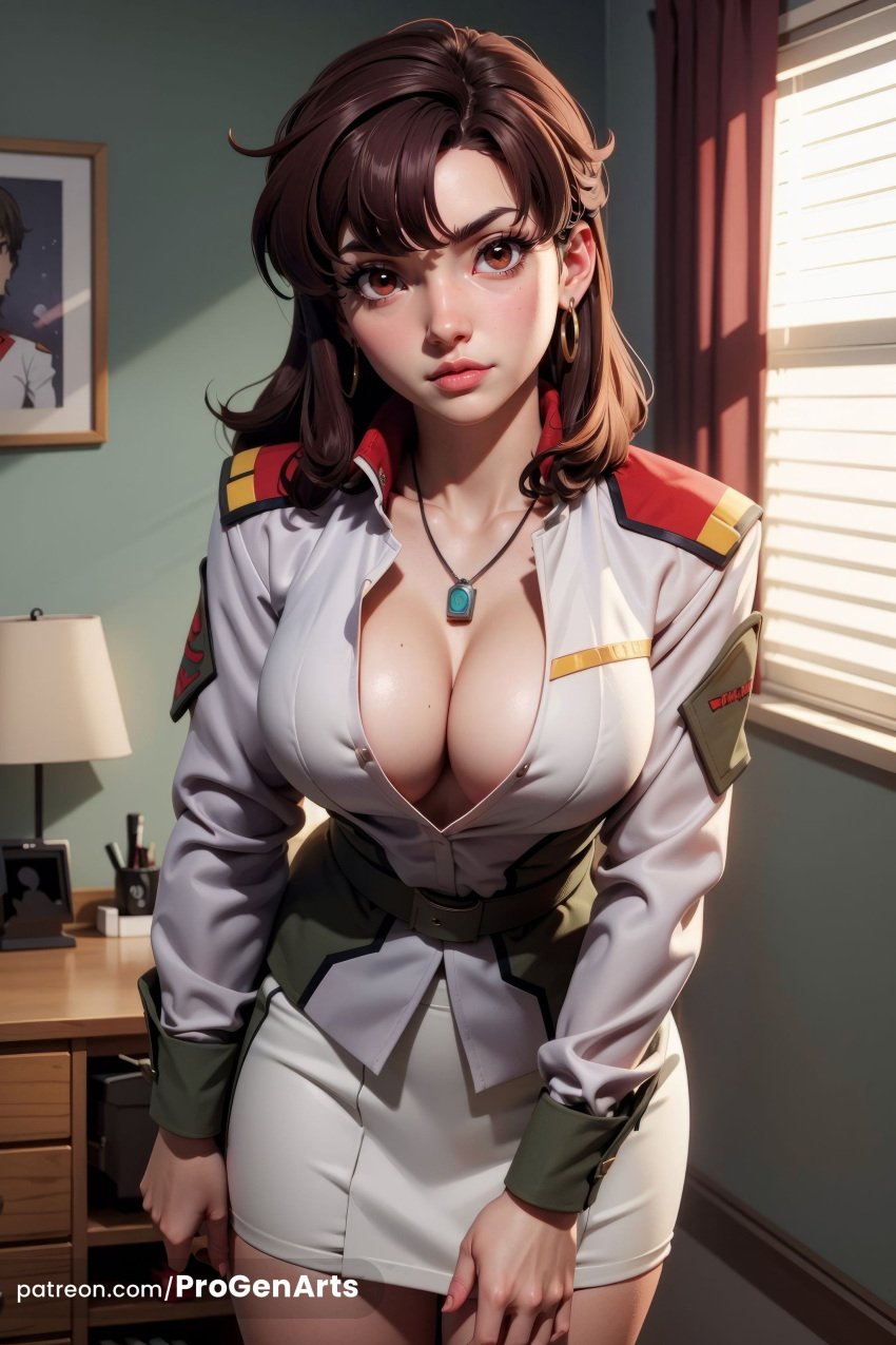 1girls ai_generated artist_name belt breasts brown_eyes brown_hair cleavage earrings gundam gundam_seed gundam_seed_destiny gundam_seed_freedom hi_res indoors jewelry large_breasts lips long_hair long_sleeves looking_at_viewer military military_uniform miniskirt mobile_suit_gundam mole mole_on_breast murrue_ramius necklace no_bra nose patreon_username pencil_skirt progenarts shirt skirt solo standing uniform web_address window