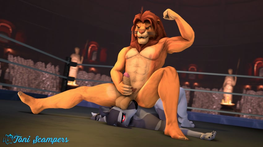 16:9 3d 5_fingers abs anthro balls balls_on_face biped canid canid_demon canine crowd demon digital_media_(artwork) disney duo_focus erection facesitting felid fighting_ring fingers flexing fur genitals grey_body grey_fur group hellhound helluva_boss hi_res humanoid_genitalia humanoid_penis interspecies lion lying male male/male mammal mane masturbation muscular muscular_anthro muscular_male mythological_canine mythological_creature mythology nipples nude on_back pantherine penile penile_masturbation penis public red_sclera simba simba_(the_lion_king) sitting_on_another tan_body tan_fur the_lion_king toni_scampers vortex_(helluva_boss) widescreen