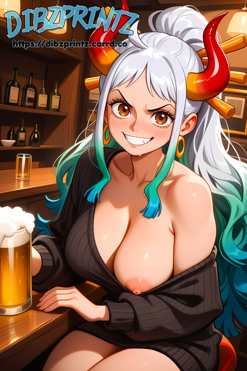 1girls ahoge ai ai_assisted ai_generated alcohol anime aqua_hair artist_name bar_\(place\) bare_shoulders beer beer_mug black_dress black_sweater blue_hair blush bottle breasts brown_eyes cleavage clothes_pull clothing collarbone copyright_name copyright_notice counter cup curled_horns dibzprintz dress drunk earrings elbow_rest eyelashes fansly female female_only flashing foam gradient_hair green_hair grey_hair grin hair_ornament hair_stick hi_res high_ponytail high_quality high_resolution highres holding holding_cup hoop_earrings horns indoors jewelry large_breasts long_hair long_sleeves looking_at_viewer mug multicolored_hair multicolored_horns nipple_slip nipples no_bra oerba_yun_fang off-shoulder_sweater off_shoulder one_breast_out one_piece oni orange_eyes patreon_username ponytail red_horns short_dress sidelocks single_bare_shoulder sitting smile solo stool sweat sweater sweater_dress sweater_pull teeth thighs two-tone_hair v-shaped_eyebrows very_long_hair watermark white_hair yamato_(one_piece) yamato_\(one_piece\) yellow_horns