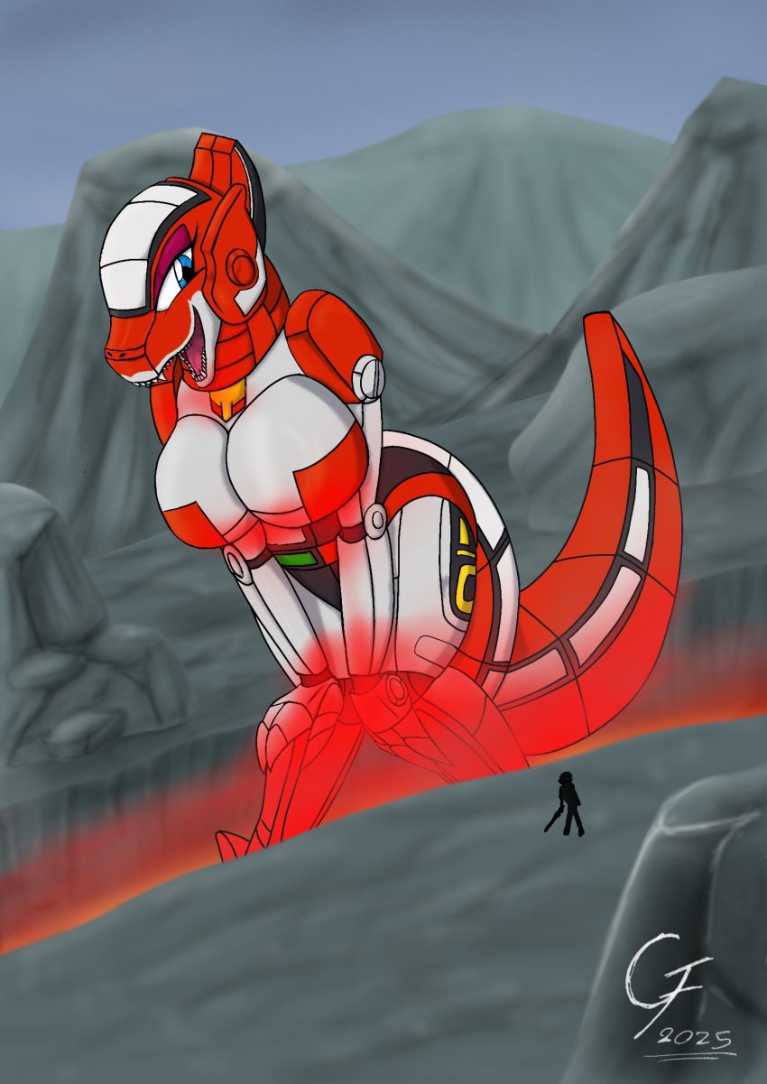 blue_eyes breasts cleavage dinosaur giantess huge_breasts kyoryu_sentai_zyuranger mechanical metallic_body mighty_morphin_power_rangers mountain power_rangers red_body robot super_sentai tail thick_thighs tyrannosaurus_rex wide_hips zord_(power_rangers) zyuranger