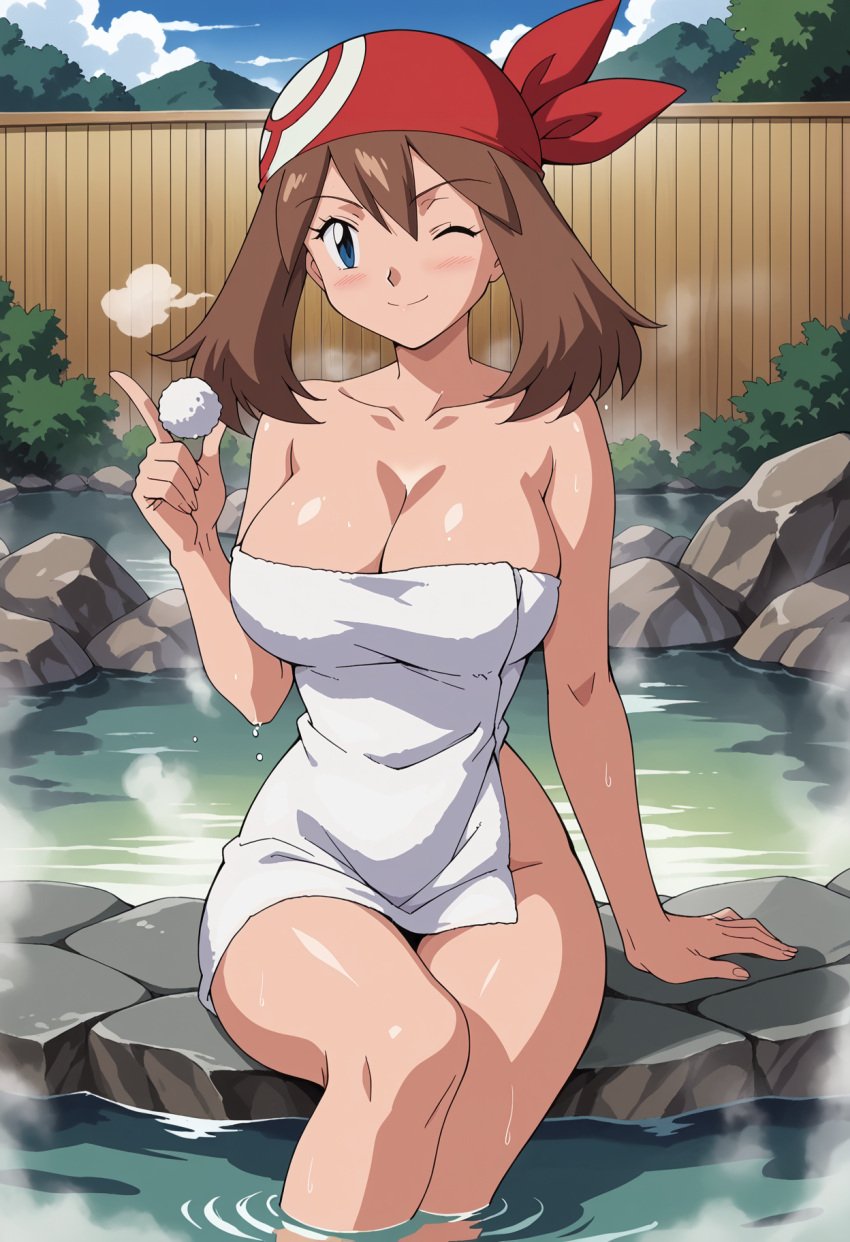 1girls alluring androidparanoid big_breasts blue_eyes cleavage hot_spring may_(pokemon) naked_towel nintendo onsen pokemon pokemon_(anime) steam towel_around_body wet wink