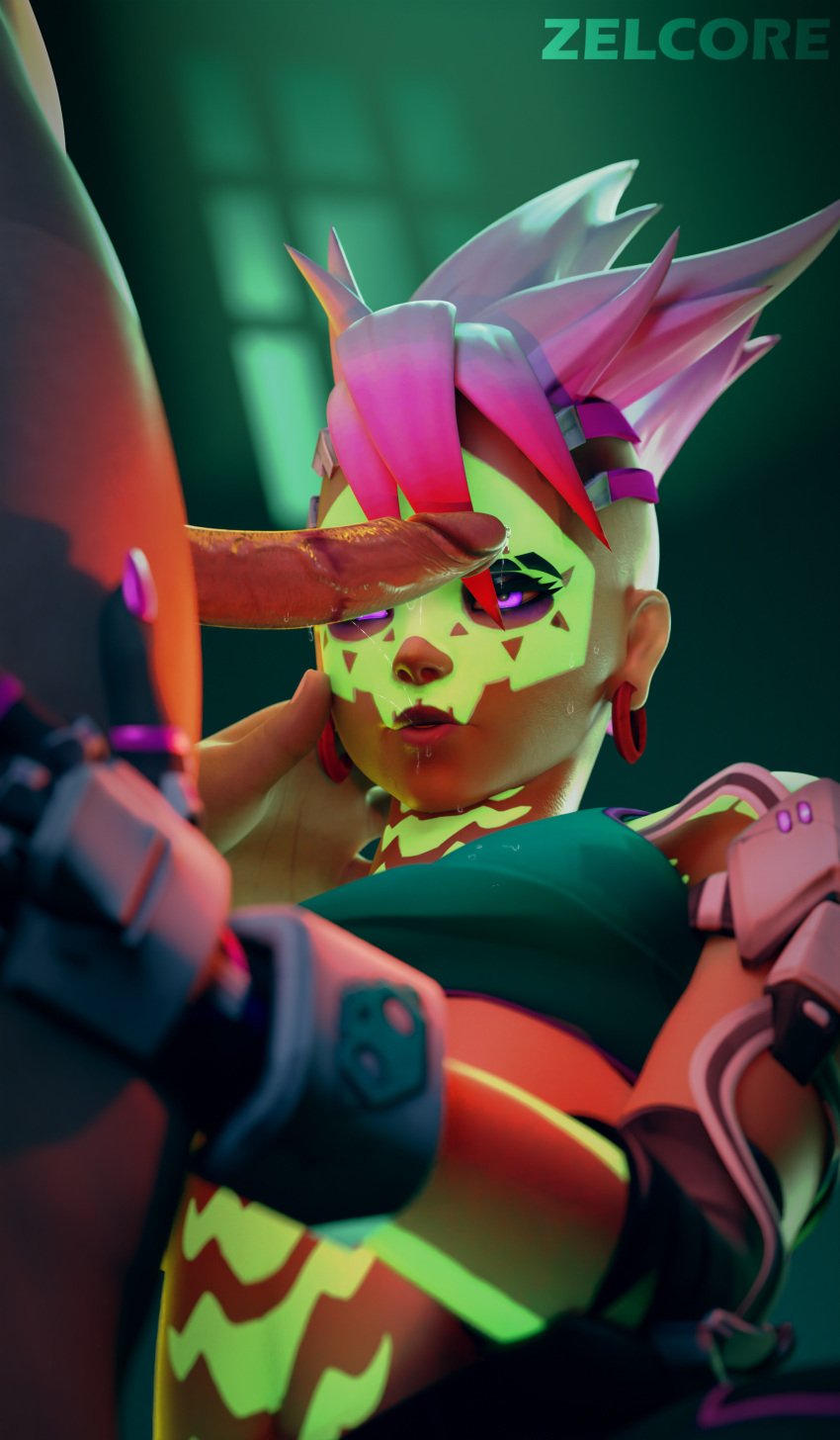 1boy 1girl 2k 3d big_penis blender_(software) clothed female female_focus glowing glowing_eyes glowing_markings grabbing_legs hi_res lipstick lipstick_mark lipstick_on_penis looking_at_penis overwatch overwatch_2 pink_hair precum saliva saliva_string sombra sweat zelcore