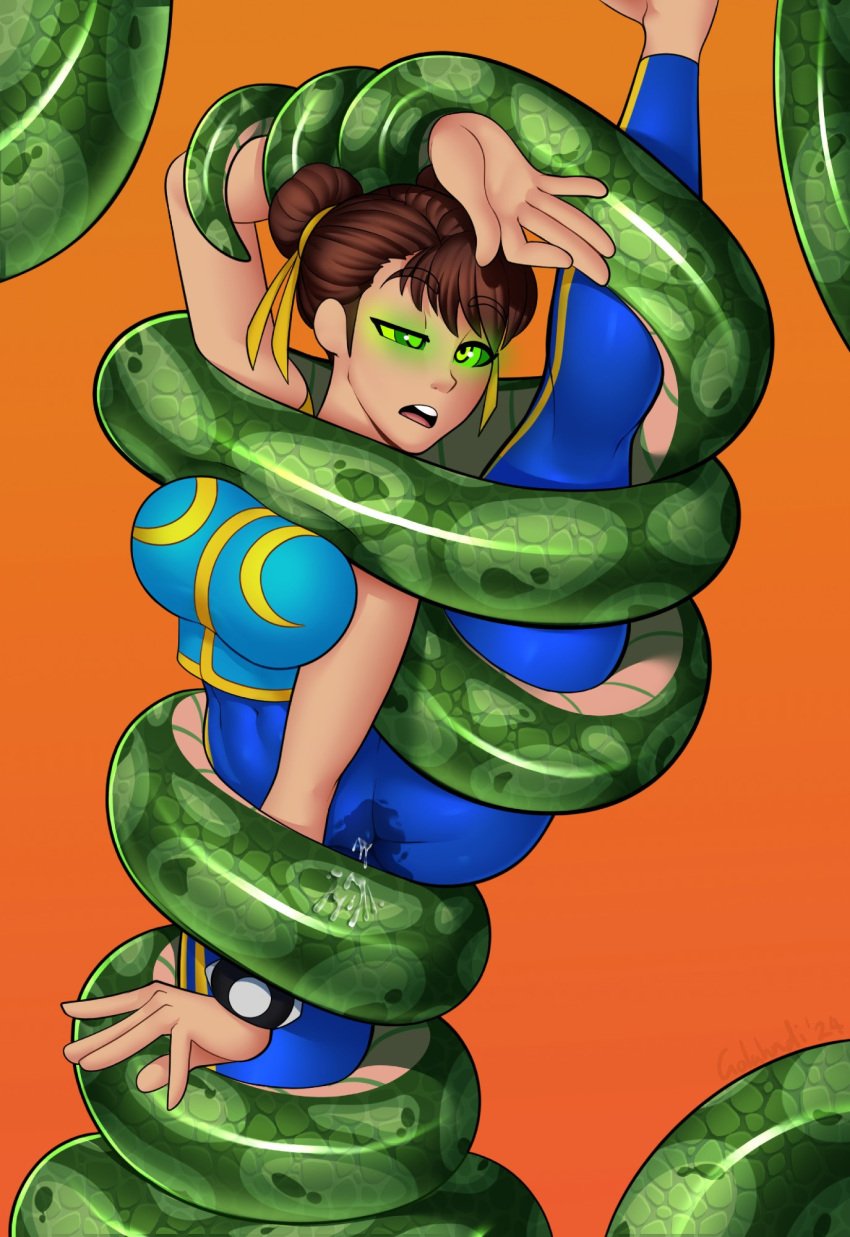 blue_clothing brown_hair capcom chun-li chun-li_(street_fighter_alpha) coiling coils g-lahndi hair_ribbon hypnosis restrained snake snake_bestiality snake_coil street_fighter street_fighter_alpha tights wrapped