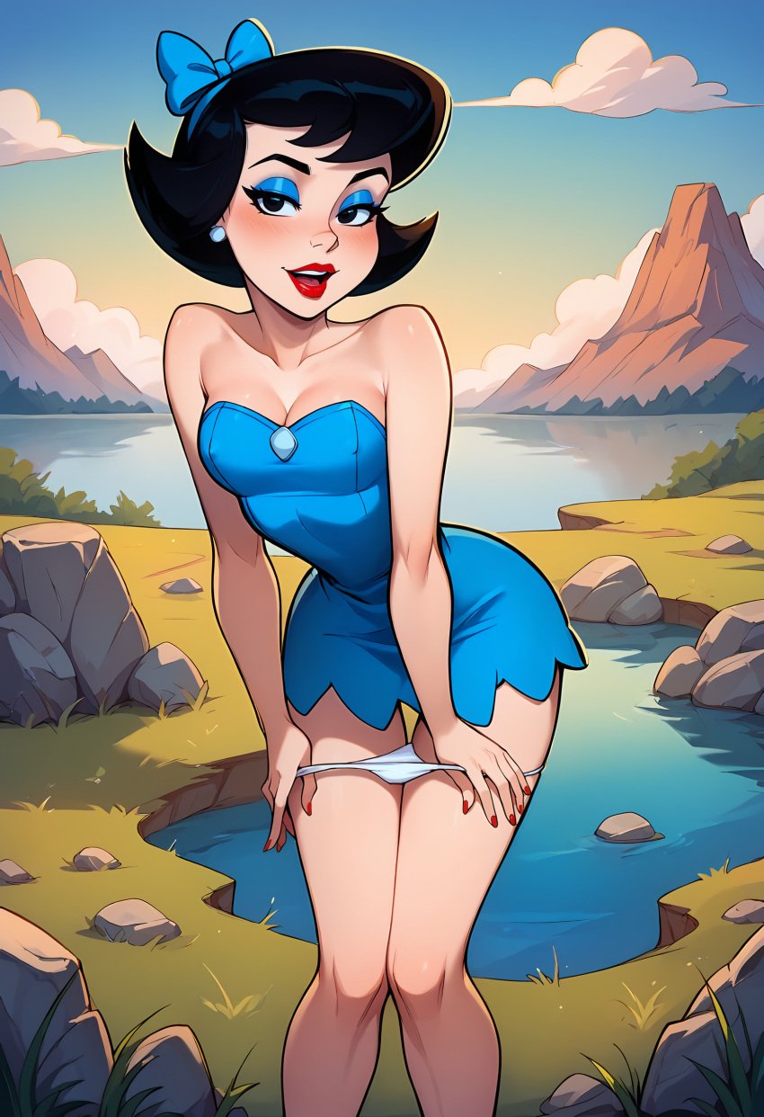 1girls ai_generated betty_rubble black_eyes black_hair blue_bow blue_dress cleavage contrapposto flirting hair_ribbon knees_together_feet_apart outdoors panty_pull pulling_own_clothes pulling_panties seductive_look solo stable_diffusion suggestive_gesture suggestive_look the_flintstones white_panties