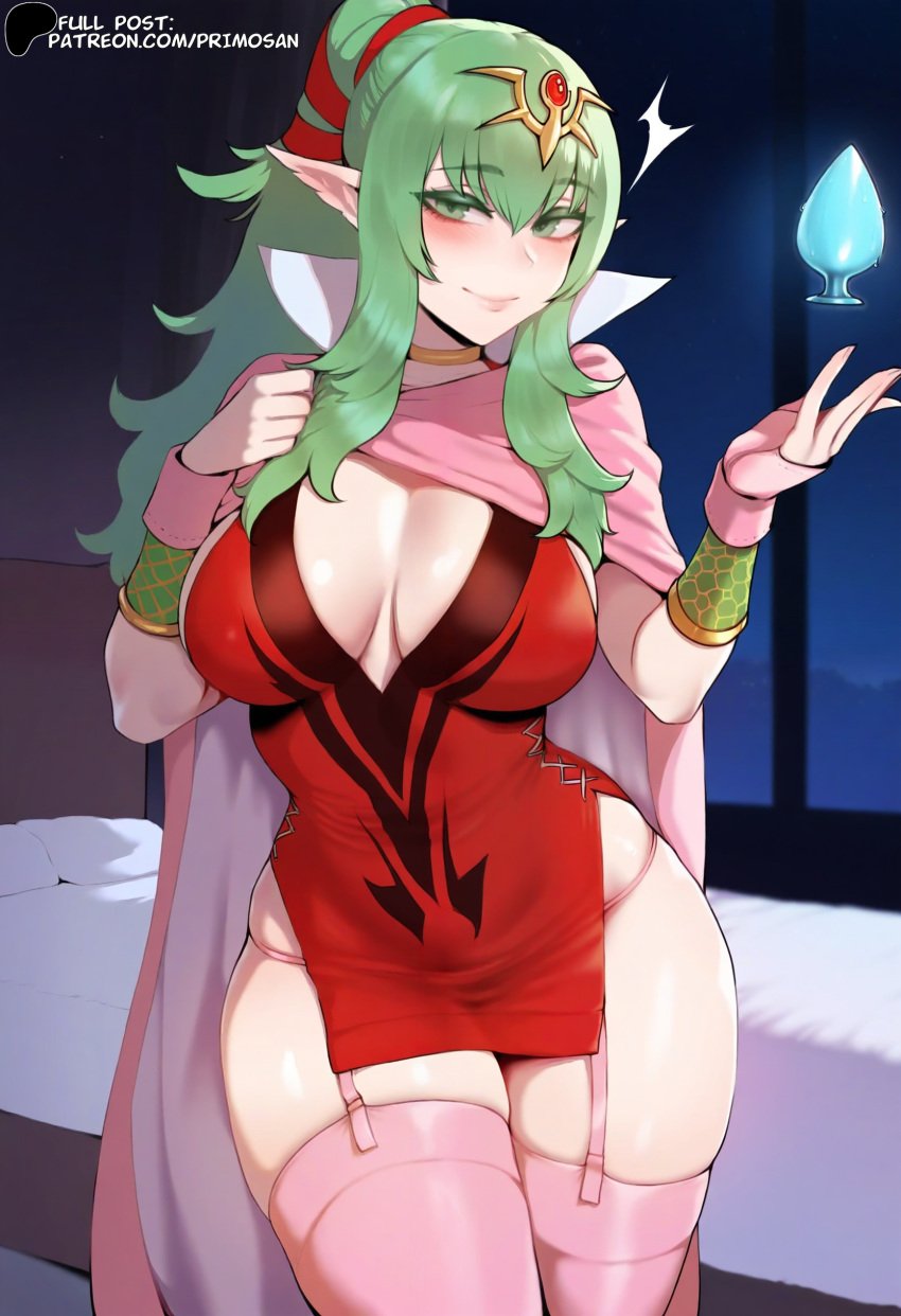 ai_generated buttplug cape elf elf_ears garter_straps green_eyes green_hair hair_between_eyes hair_ornament large_breasts looking_at_viewer mature_female pink_cape pink_thighhighs ponytail primosan red_dress revealing_clothes smile standing thighhighs tiki_(adult)_(fire_emblem) tiki_(fire_emblem)