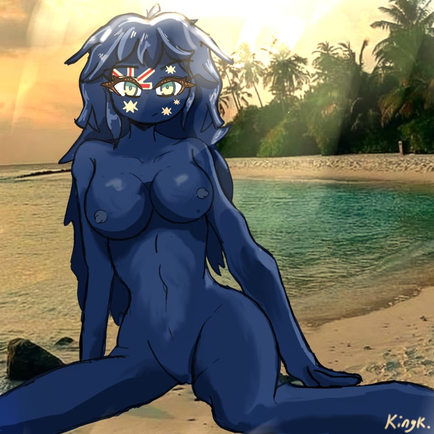 1girl areolae australia_(countryhumans) beach blue_eyes blue_hair blue_skin breasts countryhumans countryhumans_girl kingkokoko35 nude_female vagina