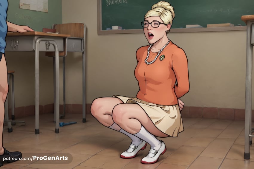 1boy 1boy1girl 1girls ai_generated archer_(series) arms_behind_back blonde_hair blush breasts chalkboard classroom closed_eyes desk glasses hair_bun hi_res indoors jewelry mature_female necklace open_mouth orange_shirt pam_poovey pearl_necklace progenarts school_desk shirt shoes skirt socks solo_focus squatting straight teacher uwabaki white_footwear white_socks