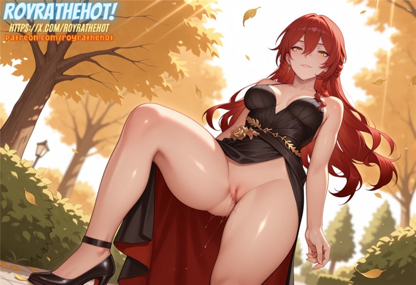 1girl ai_generated black_dress black_high_heels dress earring earrings female high_heels himeko_(honkai:_star_rail) honkai:_star_rail light-skinned_female light_skin long_hair medium_ass medium_breasts outdoor_nudity outdoors public public_nudity pussy pussy_juice red_hair redhead redhead_female royrathehot solo solo_female standing watermark yellow_eyes