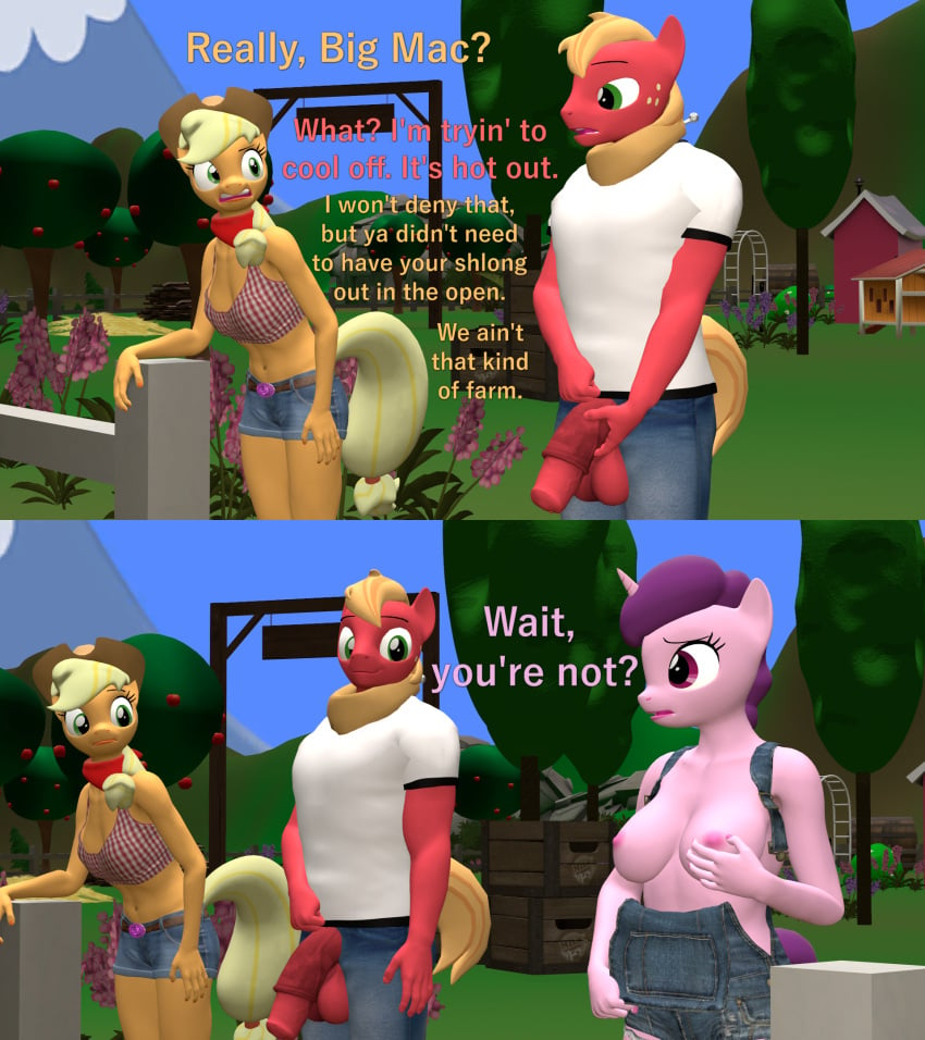 3d animal_genitalia animal_penis anthro anthrofied applejack_(mlp) areola balls big_macintosh_(mlp) blonde_hair breasts brother_(lore) brother_and_sister_(lore) dialogue digital_media_(artwork) equid equine equine_genitalia equine_penis exposed_breasts eyelashes female friendship_is_magic genitals green_eyes group hair hasbro hi_res horn husband_and_wife male mammal married_couple my_little_pony mythological_creature mythological_equine mythology nipples orange_body orange_hair papadragon69 penis purple_body purple_hair red_body sibling_(lore) sister_(lore) smile sugar_belle_(mlp) text trio unicorn