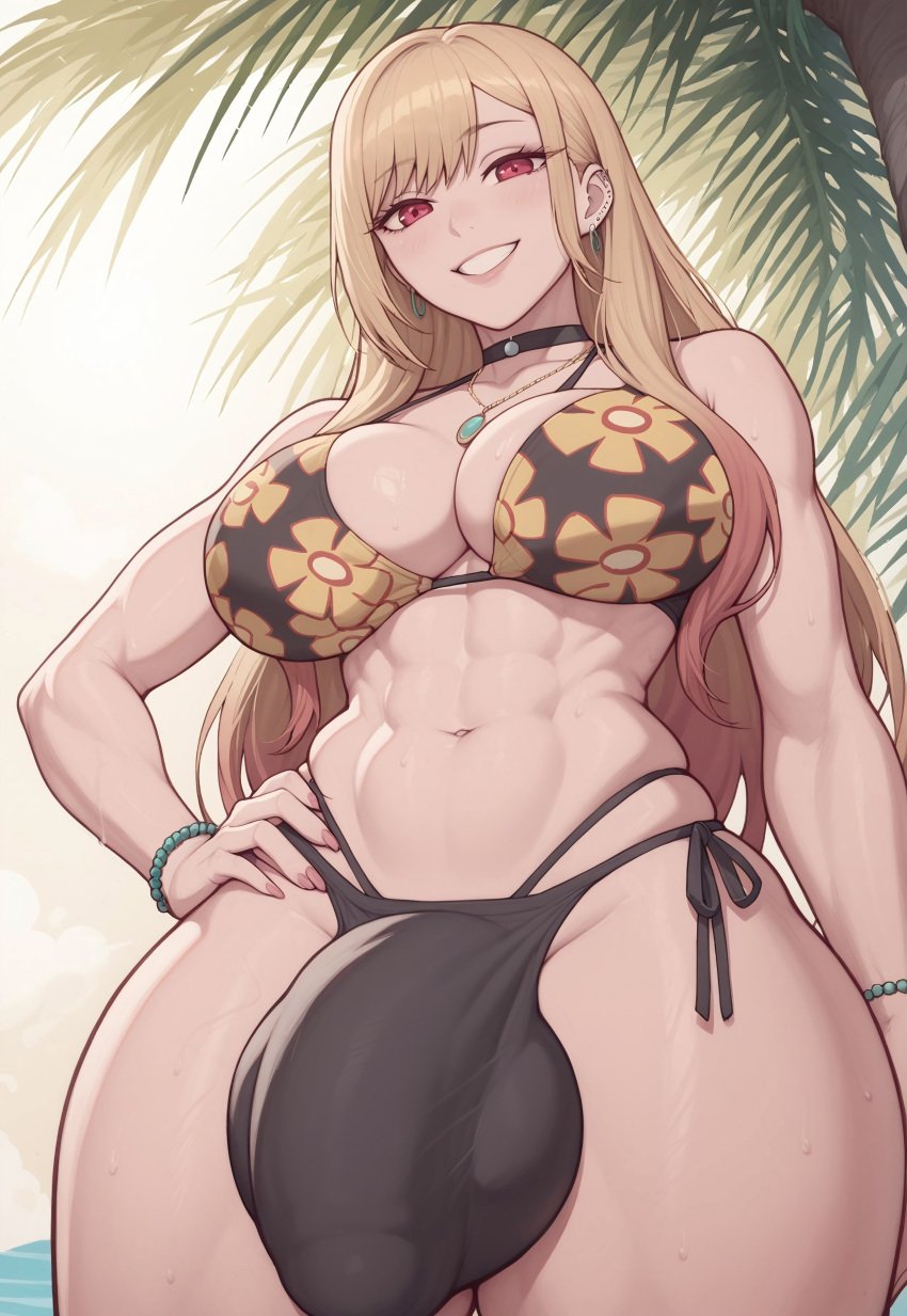 ai_generated bikini blonde_hair bulge_under_clothes futanari kitagawa_marin large_balls large_breasts large_penis my_dress_up_darling palm_tree sono_bisque_doll_wa_koi_wo_suru spartan25