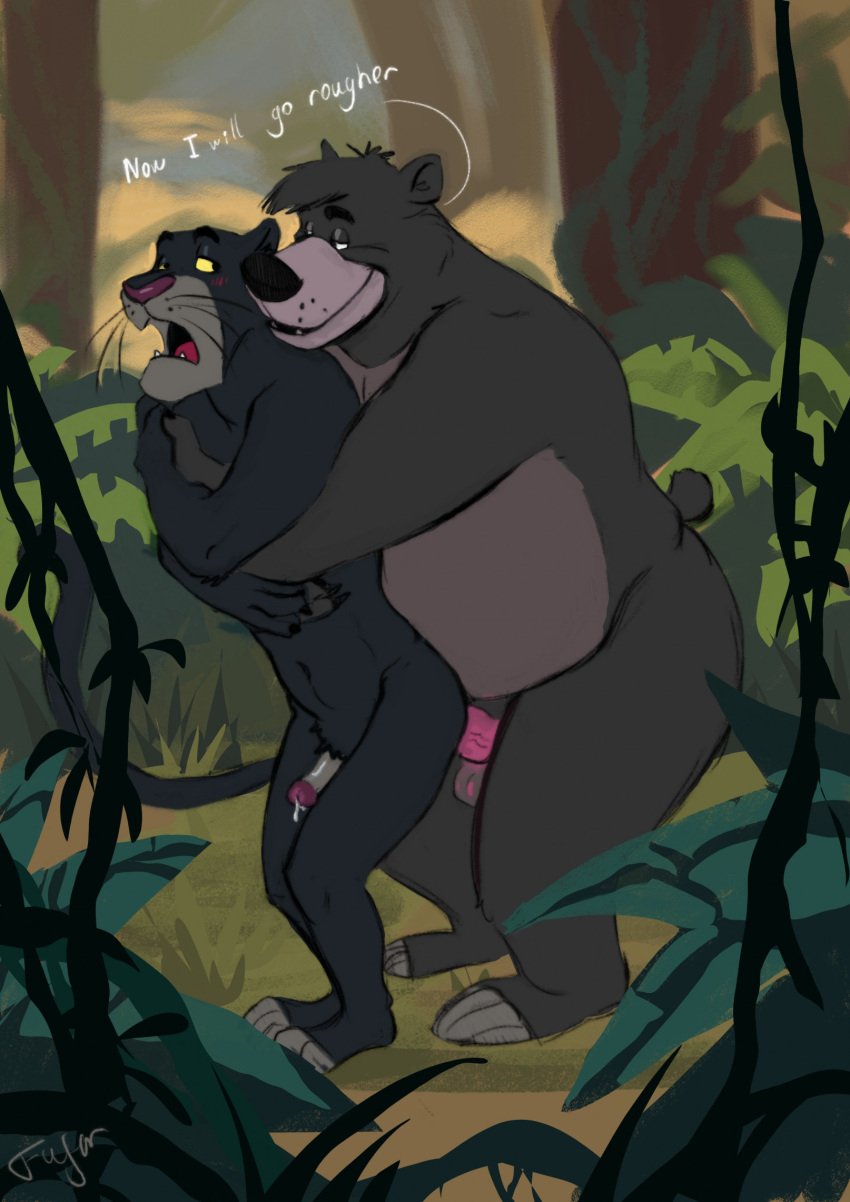 anal anal_sex anthro arms_around_partner bagheera_(jungle_book) balls baloo bear bedroom_eyes belly big_penis blush blush_lines bodily_fluids claws dripping duo english_text erection felid finger_claws forest fufer genital_fluids genitals head_tuft hi_res jungle leaf male male/male mammal moan narrowed_eyes navel nude open_mouth outside_sex overweight overweight_anthro overweight_male pantherine penetration penis plant precum precum_drip seductive sex sloth_bear standing standing_sex tail teeth_showing text the_jungle_book toe_claws tree tuft ursine vein veiny_penis vines whiskers