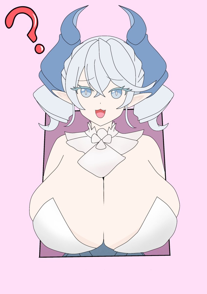 ? cleavage demon demon_girl duel_monster fangs female horns huge_breasts labrynth_of_the_silver_castle looking_at_viewer lovely_labrynth_of_the_silver_castle neckline no_bra open_mouth silver_eyes smile twintails white_hair ygo_rado_rado yu-gi-oh!