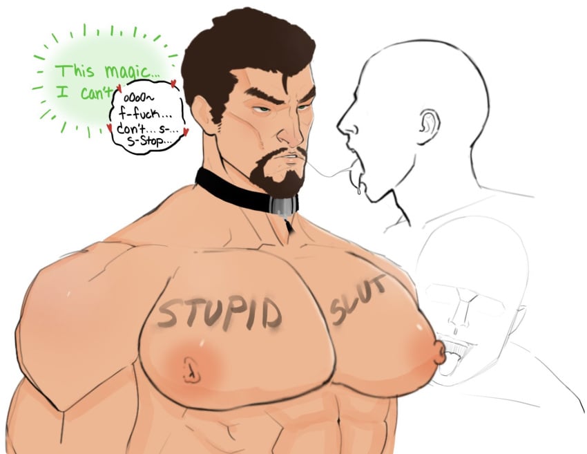 3boys bara body_writing collar dialogue doctor_strange doctor_strange_(series) english_dialogue english_text facial_hair fae_(artist) gay licking_nipples male male_focus male_only marvel muscular muscular_arms muscular_male nipples pecs pectorals short_hair simple_background text tongue tongue_out white_background yaoi