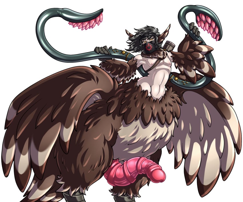 2025 6:5 adjatha avian avian_taur back_tentacles bird bird_taur black_hair brown_body brown_feathers crotch_tentacles feathers genitals hair hi_res humanoid looking_at_viewer male owl_taur penis shalinae simple_background solo standing story story_in_description taur tentacle trials_in_tainted_space white_background wings yellow_eyes