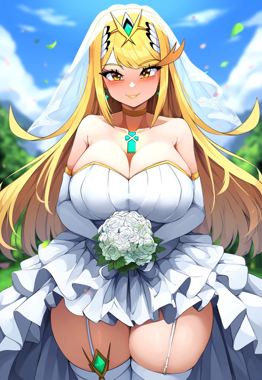 1girls ai_generated bare_shoulders big_breasts blush bouquet bridal_gauntlets bridal_veil elbow_gloves frills huge_breasts mythra mythra_(xenoblade) novelai skindentation smile solo tgm101_(artist) thick_thighs thighhighs wedding_dress white_dress xenoblade_(series) xenoblade_chronicles_2 yellow_lips yellow_lipstick