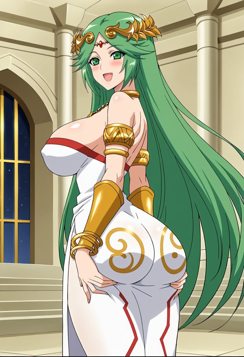 1girls accurate_art_style androidparanoid ass big_breasts clothed green_eyes green_hair kid_icarus long_hair necklace nintendo palutena pin_up