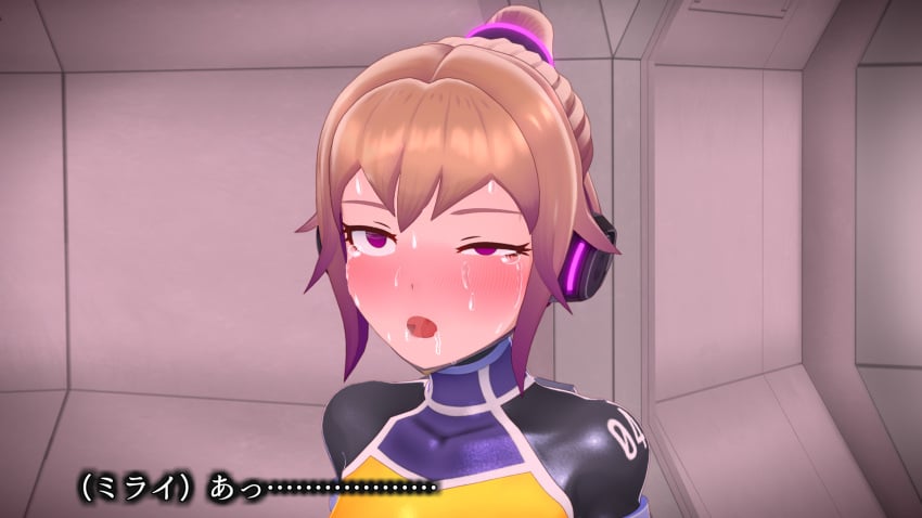 3d agent_mirai ahe_gao blender_(medium) blush bodysuit brown_hair crying crying_with_eyes_open female headphones highres mirai_(agent_mirai) open_mouth ponytail purple_eyes rolling_eyes saliva skin_tight solo sweat tears umaaji_lady_mk2