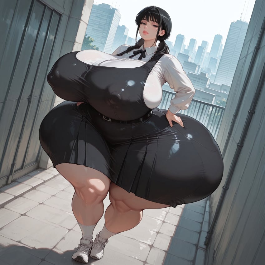 1girls ai_generated ass ass big_lips black_eyes black_hair black_ribbon breasts breasts_bigger_than_head butt_bigger_than_body butt_bigger_than_head butt_bigger_than_torso chainsaw_man clothed double_ponytail emotionless female female_focus gigantic_breasts hands_on_hips huge_ass huge_breasts huge_butt hyper hyper_ass hyper_breasts hyper_butt isometria large_ass large_breasts lips looking_at_viewer low_ponytail massive_ass massive_breasts massive_butt mitaka_asa neck_ribbon nipple_bulge overflowing_breasts pinafore_dress ribbon rooftop school_uniform sleeveless_dress sneakers solo_female standing thick_thighs tight_clothing