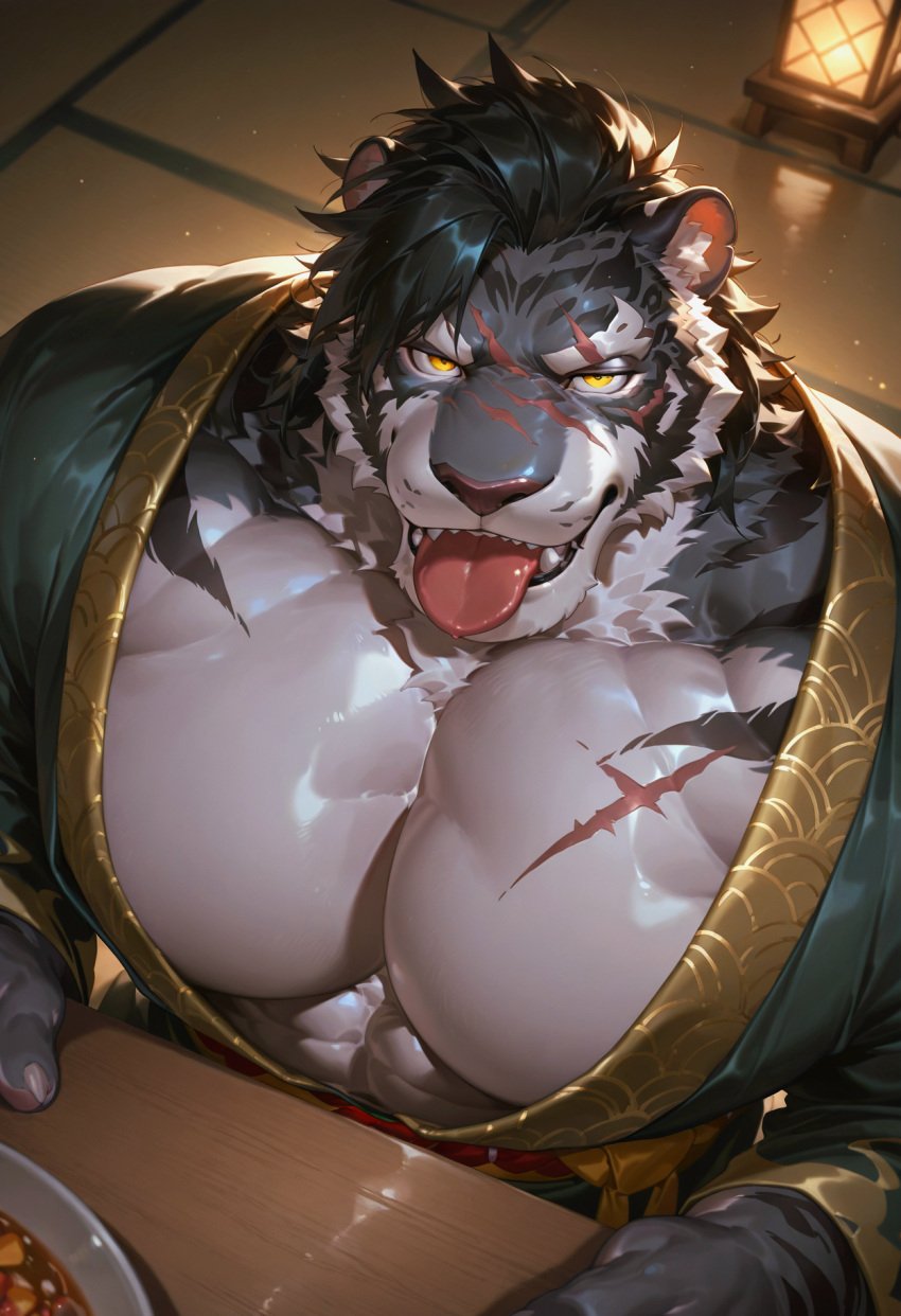 ai_generated anthro black_hair black_stripes claws clothed clothing cocky furry furry_only grey_fur hi_res indoors inner_ear_fluff japanese_clothes kimono male pantherine pink_nose scar scar_across_eye sdorica solo stripes thick_eyebrows tiger tiger_ears tongue tongue_out white_body yao_(sdorica) yellow_eyes