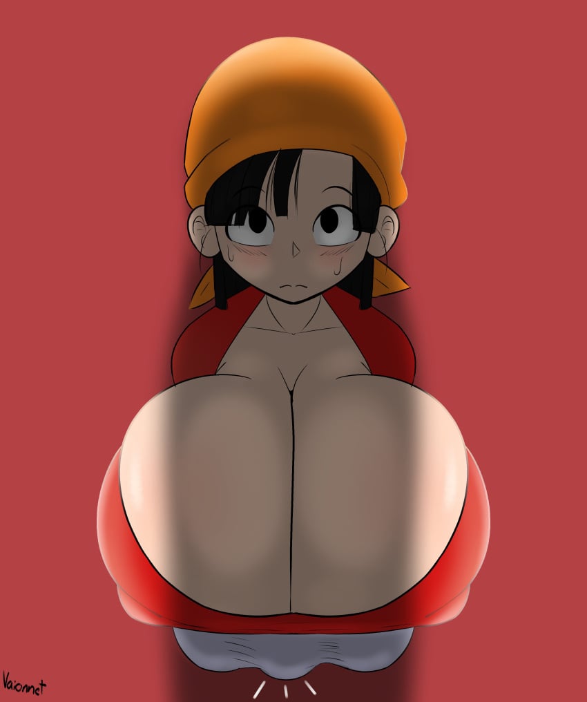 1futa big_breasts big_breasts black_hair black_hair_futa blush blush breasts breasts cock_shadow cock_shock dragon_ball dragon_ball_gt erection_under_clothes futanari huge_boobs huge_breasts light-skinned_futanari light_skin pan_(dragon_ball) shortstack shortstack_futa vaionnet