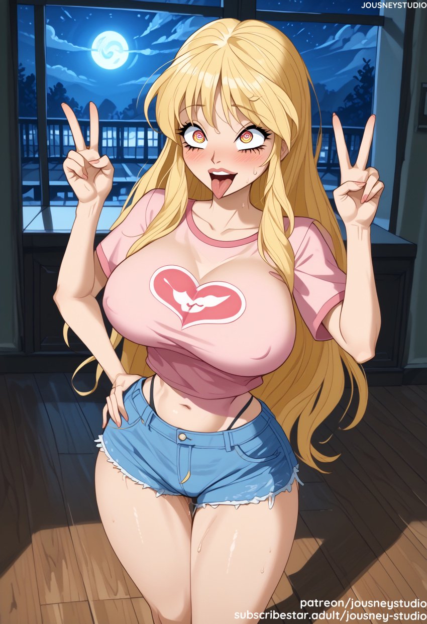 4kids_entertainment ai_generated bangs black_panties blonde_hair blue_shorts blush breasts clavicle cleavage clothing cloud cowboy_shot crop_top cropped_shirt curvaceous cutoffs denim denim_shorts double_v female female female_only full_moon heart heart-shaped_pupils highleg highleg_panties huge_breasts indoors jousneystudio large_breasts long_hair looking_at_viewer midriff moon navel nickelodeon night night_sky nipples open_mouth original outdoors pantsu patreon_logo patreon_username pink_shirt rainbow_(animation_studio) saliva shiny shiny_skin shirt short_shorts short_sleeves shorts sky smile solo standing stella stella_(winx_club) stomach sweat symbol-shaped_pupils t-shirt teeth text thick_thighs thigh_gap thighs tongue tongue_out underwear upper_teeth_only v very_long_hair watermark web_address white_shirt window winx_club wooden_floor yellow_eyes