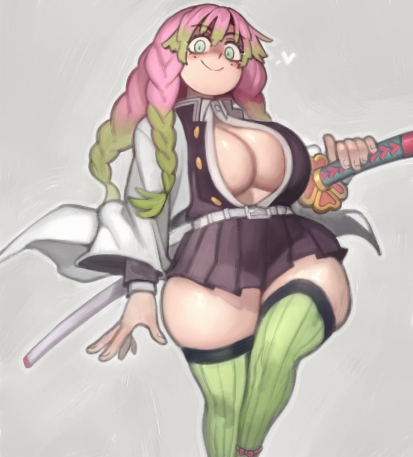 1girls belt big_breasts black_skirt blush breasts cleavage clothing demon_slayer female female_only green_eyes green_highlights green_thighhighs hair heart holding_weapon huge_breasts kanroji_mitsuri kelvin_hiu kimetsu_no_yaiba legwear mole mole_under_eye pink_hair skirt smile solo solo_female thick_thighs thighs weapon