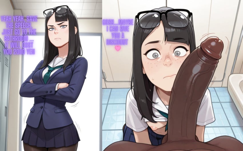 ai_generated annoyed asian_female bathroom before_sex big_cock big_penis black_hair black_penis clothed_female_nude_male clothed_sex crossed_arms cute_face eizouken_ni_wa_te_wo_dasu_na! freckles freckles_on_face glasses glasses_on_head grey_eyes huge_cock imminent_fellatio imminent_oral indoors interracial interracial_sex kuriva medium_breasts nervous nervous_face pov prostitution sayaka_kanamori school_uniform schoolgirl sweatdrop sweating text veiny_penis