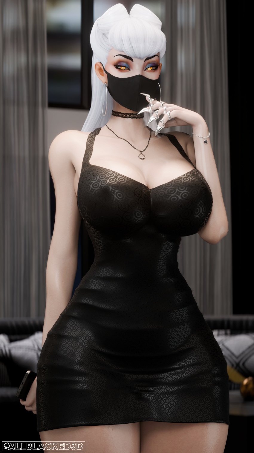 1girl 3d allblacked3d big_breasts black_dress blender breasts choker claws dress evelynn face_mask female female_focus hi_res high_resolution highres k/da_all_out_evelynn k/da_all_out_series k/da_evelynn k/da_series league_of_legends league_of_legends:_wild_rift looking_at_viewer mask orange_eyes queen_of_spades riot_games solo solo_female spade_necklace thick_thighs white_hair wide_hips