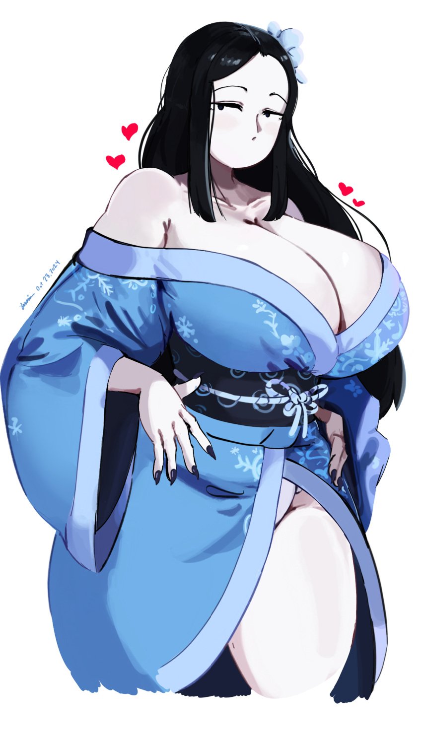 accessory big_breasts black_hair blue_clothing boobs_bigger_than_head breasts curvy_figure exposed_shoulders flower_on_head fundoshi ghost gimmiko hands_on_hips heart heart_symbol high_quality highres japanese_clothes japanese_mythology kimono large_breasts long_hair long_nails looking_at_viewer no_mouth pale-skinned_female pale_skin raised_eyebrows shavin65 shoulders signature simple_eyes straight_hair voluptuous_female yokai yuki_onna