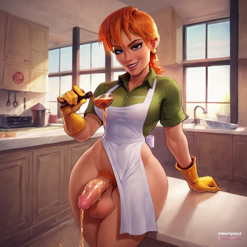 ai_generated apron balls bottomless breasts dexter's_laboratory dexter's_mom dick dickgirl flaccid flaccid_penis freakfestai futanari ginger ginger_hair gloves honey kitchen penis pouring pouring_on_self pubic_hair solo solo_focus thick thick_ass thick_thighs