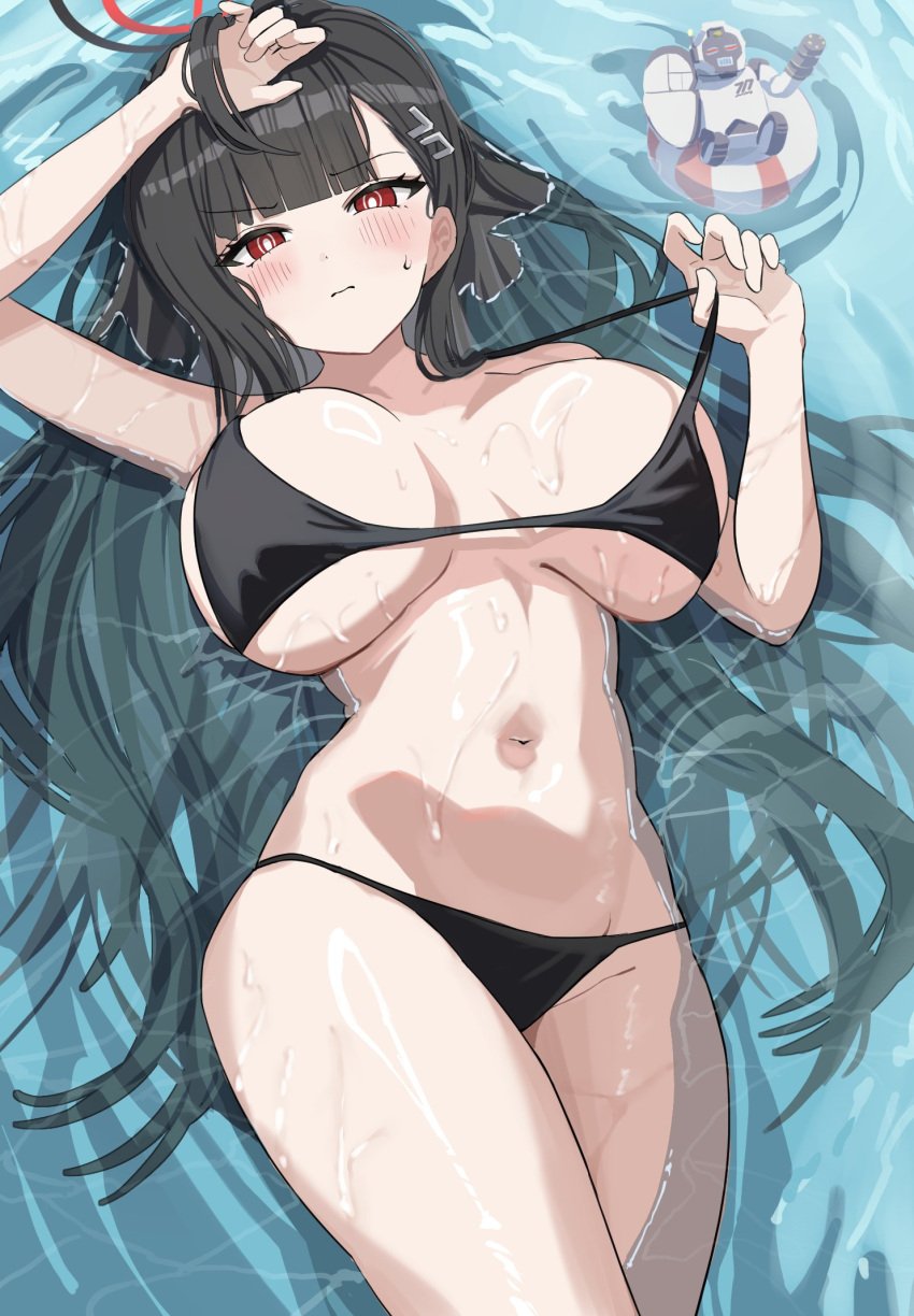 adjusting_hair alternate_costume annoyed avant_garde_(blue_archive) bikini bikini_top_pull black_bikini black_hair black_halo blue_archive blush breasts breasts_apart female frustrated ginichu1003 hair_spread_out halo hand_in_own_hair highres huge_breasts long_hair lying millennium_science_school_student navel pulling_own_clothes red_eyes rio_(blue_archive) seminar_(blue_archive) sideboob sketch solo stomach strap_pull sweatdrop swimsuit underboob v-shaped_eyebrows very_long_hair water