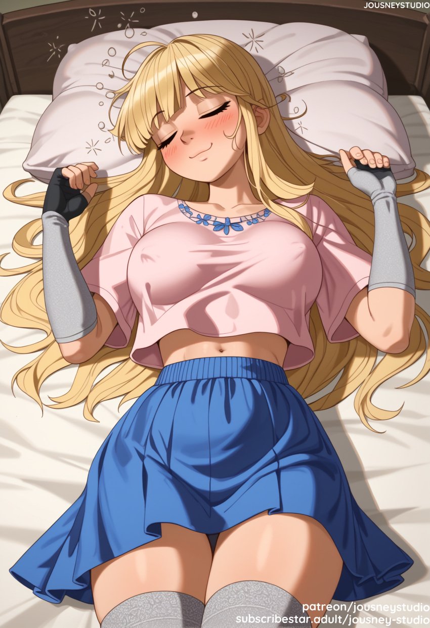 4kids_entertainment :3 ai_generated bangs bed bed_sheet blonde_hair blue_skirt blunt_bangs blush breasts closed_eyes closed_mouth clothing crop_top crop_top_overhang elbow_gloves female female female_only fingerless_gloves gloves grey_thighhighs indoors jousneystudio large_breasts legwear long_hair looking_at_viewer lying medium_breasts midriff miniskirt navel nickelodeon on_back on_bed pillow pink_shirt pleated_skirt rainbow_(animation_studio) shirt short_sleeves skirt sleeping smile solo stella stella_(winx_club) sweat thighhighs thighs white_legwear white_shirt white_thighhighs winx_club zettai_ryouiki