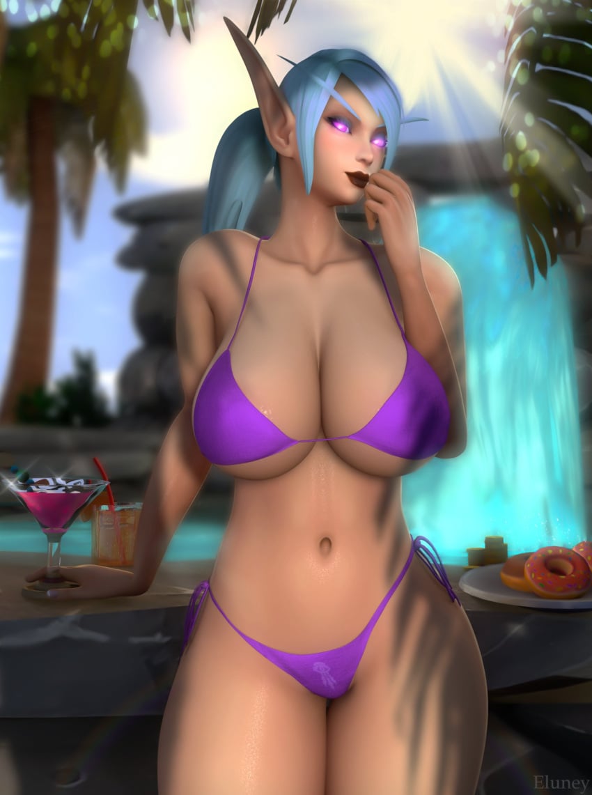 1girl 3d archmage_misola beach big_breasts bikini blizzard_entertainment blood_elf blood_elf_female blue_hair eluneylewds female female_only huge_breasts kirin_tor_symbol light-skinned_female light_skin original_character pinup solo thick_thighs voluptuous voluptuous_female warcraft wide_hips world_of_warcraft