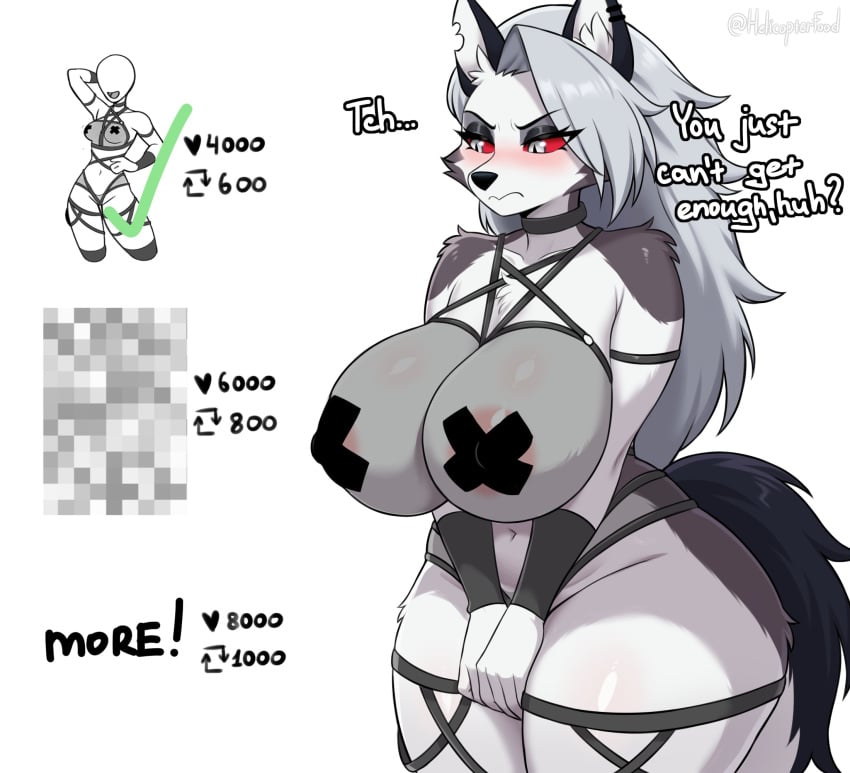 1girls ass big_ass big_breasts big_thighs breasts collar demon dialogue female female_focus female_only fur furry gigantic_ass gigantic_breasts gigantic_thighs gray_body gray_fur hellhound helluva_boss huge_areola huge_ass huge_breasts huge_thighs kuru_tyan long_hair looking_at_viewer loona_(helluva_boss) red_eyes tagme text thick_hips thick_thighs thighs twitter twitter_strip_game_(meme) white_hair wolf wolf_ears wolf_girl wolf_tail