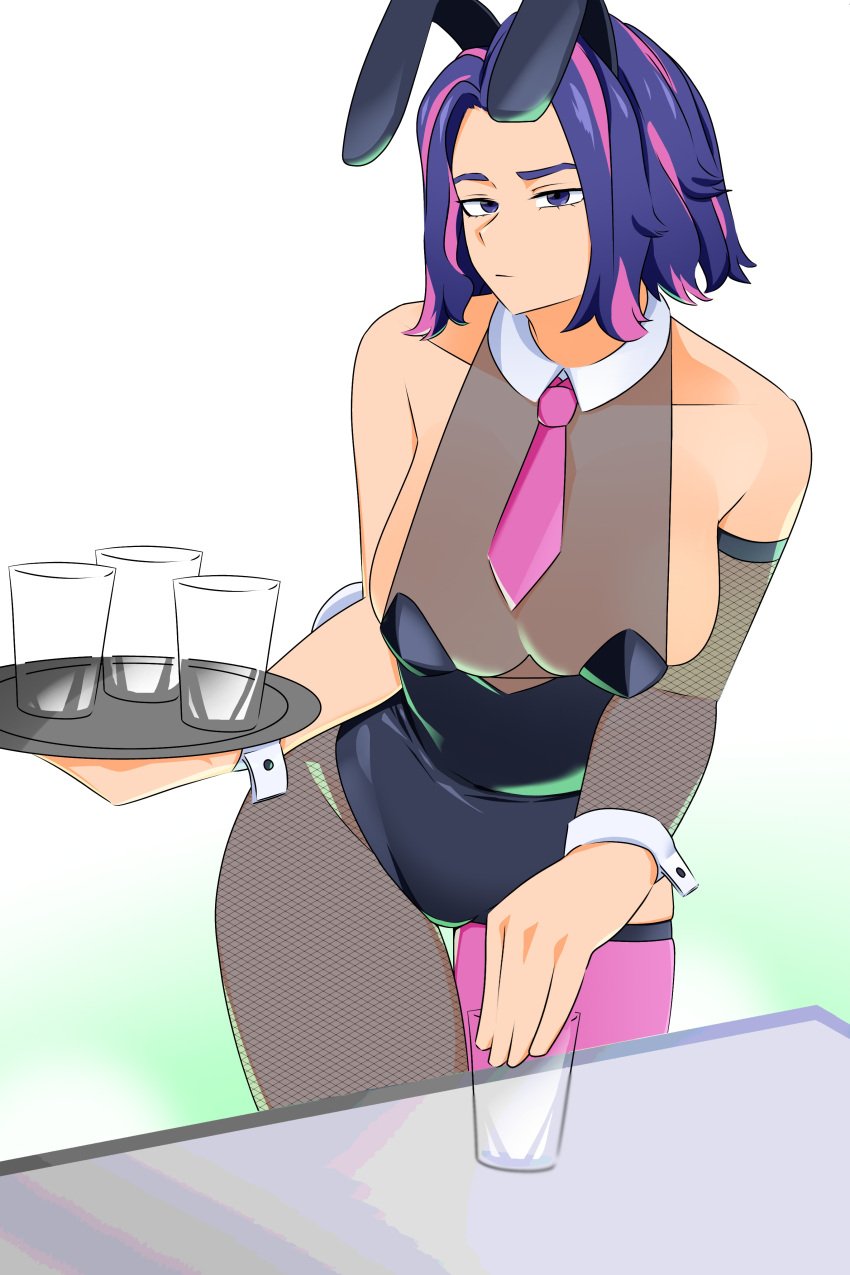 1girl breasts bunny_ears bunny_girl bunnysuit fishnets lady_nagant large_breasts looking_at_viewer my_hero_academia necktie pink_hair purple_eyes purple_hair ryuugu serving_tray sideboob two-tone_hair waitress wide_hips