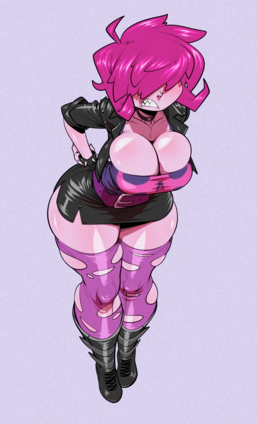 2025 bent_forward big_breasts bigdad boots breasts choker cleavage female female_only gaz_membrane groove1121 hair_over_eyes invader_zim nickelodeon pink_hair purple_background short_hair thicc_gaz thick_thighs thighhighs thighs torn_thighhighs wide_hips