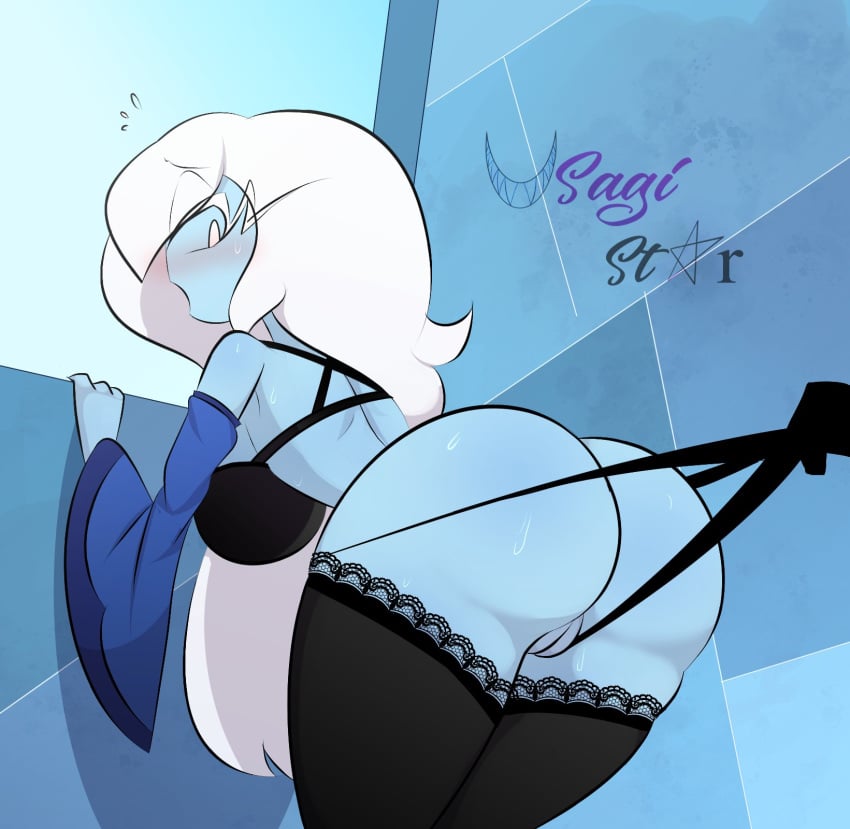 1girls adventure_time ass big_ass big_breasts blue_body blue_skin blush breasts cartoon_network clothing female huge_breasts ice_queen_(adventure_time) lingerie looking_back open_mouth skimpy solo solo_female sweat sweaty_ass thighhighs usagi_star wedgie white_hair