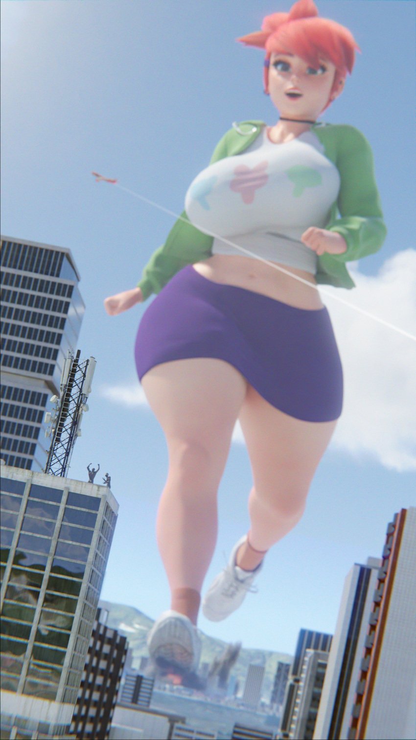 1girls 3d 3d_(artwork) bottopbot2 cartoon_network city city_destruction destruction foster's_home_for_imaginary_friends frankie_foster giant_female giant_woman giantess giga_giantess light-skinned_female light_skin red_hair walking