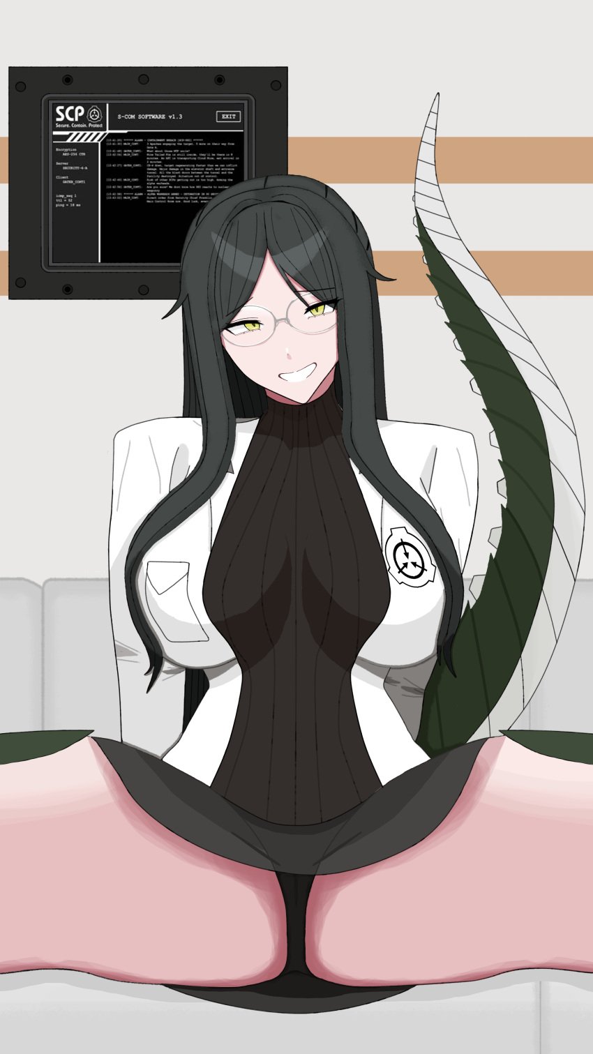 black_hair black_skirt breasts female glasses labcoat large_breasts lizard_tail long_hair looking_at_viewer monster_girl reptile_girl reptilia_queen scales scp-682 scp_foundation sitting skirt smile solo spread_legs tail thighs turtleneck underwear yellow_eyes