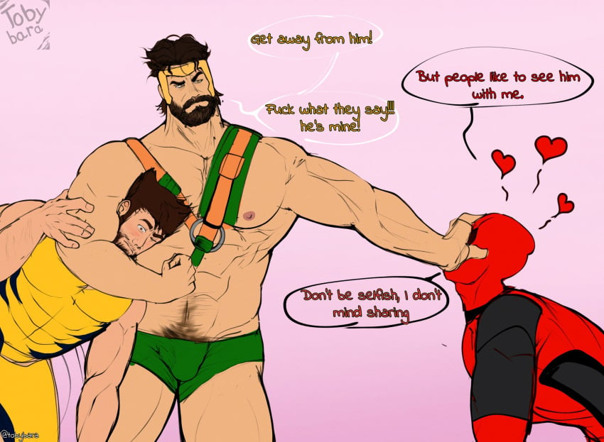 3boys arm_hug bara blush bulge deadpool deadpool_&_wolverine_(2024) english english_text gay hand_on_another's_face heart hercules_(marvel) james_howlett jealous male male_pubic_hair marvel marvel_comics muscular muscular_male pecs penis pubic_hair text tobybara wade_wilson wolverine_(x-men) yaoi