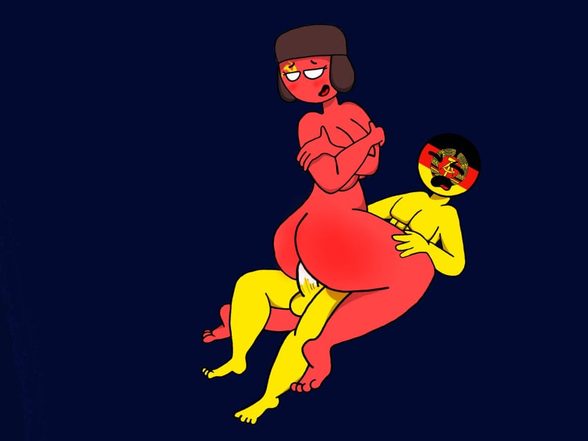 1boy 1girls big_breasts big_butt chapleyeet countryhumans countryhumans_girl cowgirl_position cum cum_inside dominant_female east_germany_(countryhumans) enjoying fat_ass hammer_and_sickle hat headband holding_legs larger_female looking_back lying_on_back milf older_female orgasm orgasm_face penis pleasured_face red_body red_skin smile soviet_union_(countryhumans) spanked_butt thick_ass thick_thighs ushanka yellow_body yellow_skin