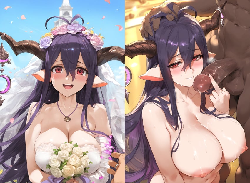 1girls 2boys ai_generated blush cheating cheating_on_wedding_day cock_worship cuckold danua dark-skinned_male female granblue_fantasy horns lewdqueen looking_at_viewer netorare ntr smile tagme wedding_dress wedding_veil