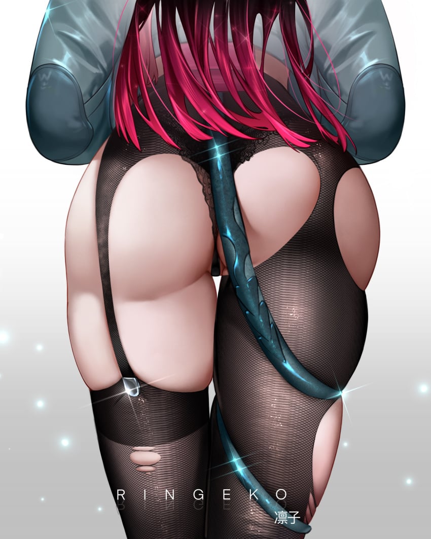 ass ass_focus black_legwear black_panties black_thighhighs breasts clothing demon_tail female from_behind garter_belt garter_straps gradient jane_doe_(zenless_zone_zero) legwear lingerie long_hair lower_body multicolored_hair pantsu pantyhose partially_visible_vulva red_hair ringeko_chan single_thighhigh skindentation solo tail thigh_gap thigh_strap thighhighs thighs thong torn_clothes torn_legwear torn_thighhighs underwear very_long_hair zenless_zone_zero