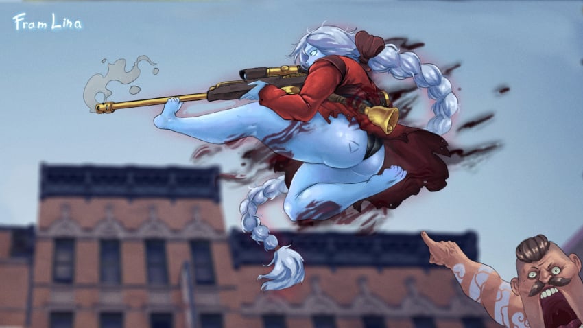 1boy 1girls 2024 ass ass_focus bell big_ass blue_body blue_hair blue_skin clothed deadlock female floating framlina ghost ghost_girl hi_res lash_(deadlock) long_hair male male/female pointing sniper_rifle soyjak tattoo tattoo_on_butt tied_hair vindicta_(deadlock) weapon