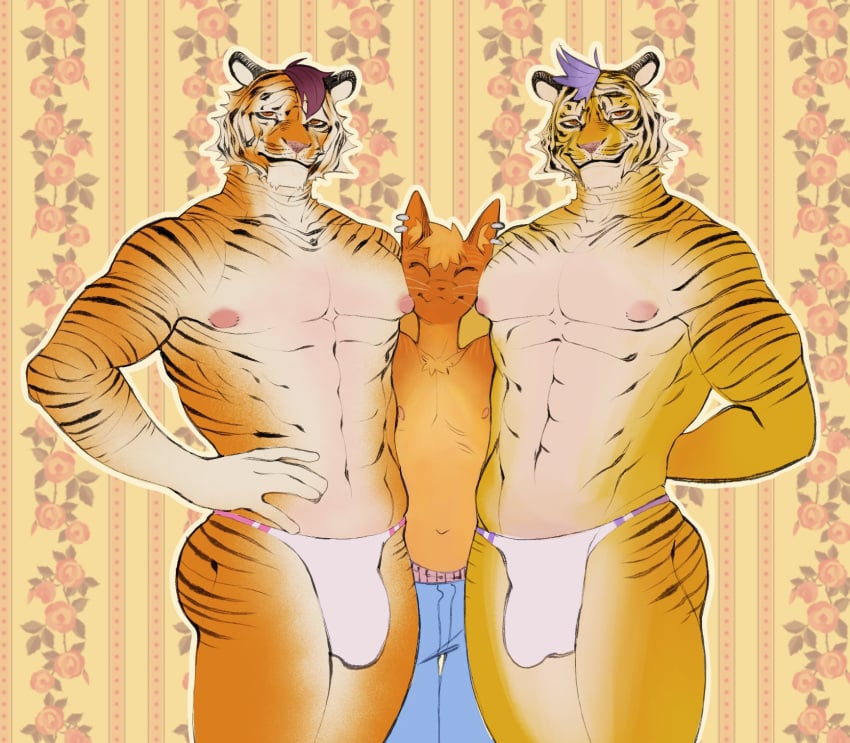 2024 abs anthro anthro_on_anthro areola barazoku biceps big_bulge big_muscles bottomwear bulge closed_eyes clothed clothing domestic_cat ear_piercing ear_ring felid feline felis fur group hair hand_on_hip hi_res hug looking_at_viewer male male/male mammal manwiched muscular muscular_anthro muscular_male navel nipples pantherine pants pattern_background pecs piercing poskapaints ring_piercing sandwiched simple_background size_difference smile standing thong thong_only tiger topless topless_anthro topless_male trio tuft underwear underwear_only wallpaper_(decoration) whiskers