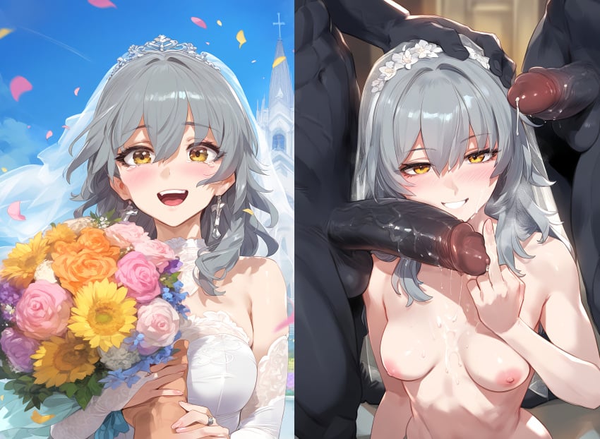 1girls 3boys ai_generated blush cheating dark-skinned_male female honkai:_star_rail interracial lewdqueen looking_at_viewer netorare ntr smile stelle_(honkai:_star_rail) tagme wedding_dress wedding_veil