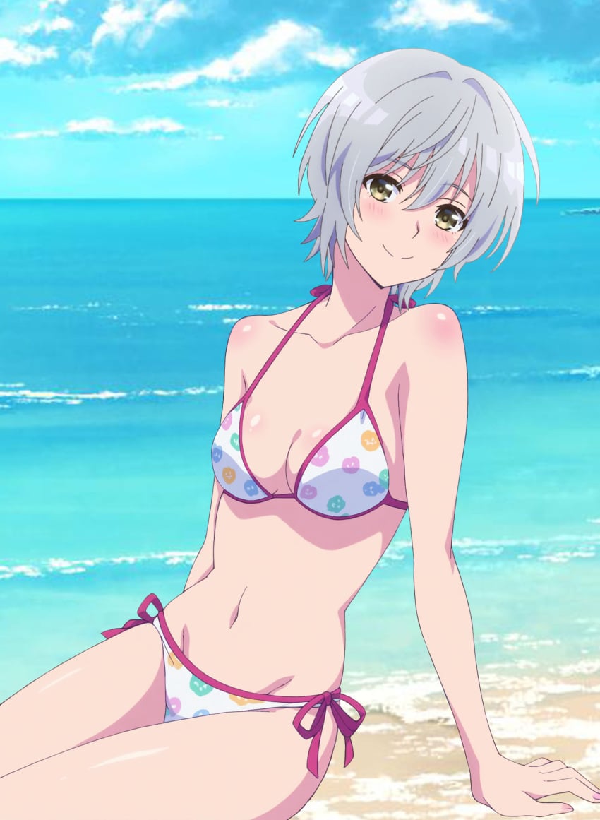 1girls beach bikini grey_hair jaku-chara_tomozaki-kun kikuchi_fuuka megami_no_kafeterasu short_hair side-tie_bikini sitting small_breasts solo swimsuit tagme