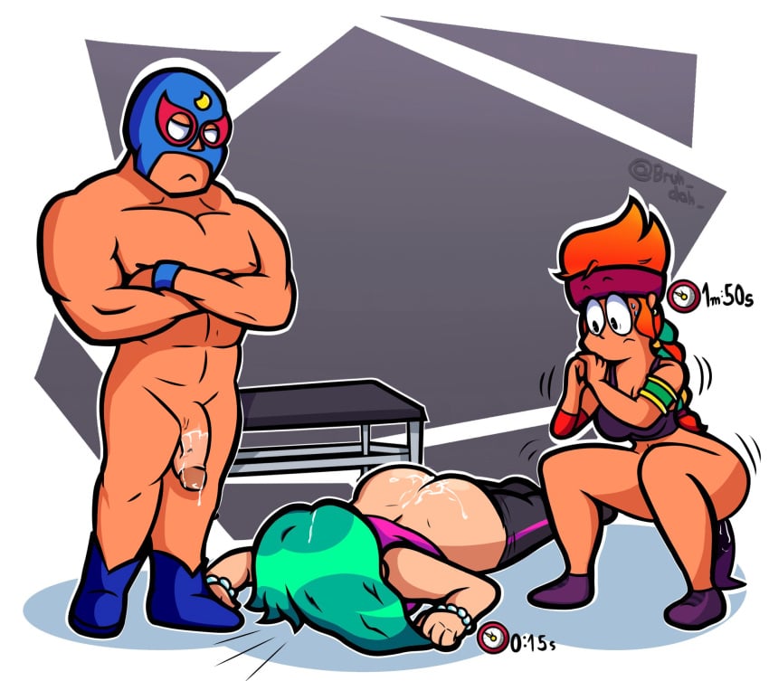 almost_nude alternate_version_available amber_(brawl_stars) brawl_stars cum dildo edit edited el_primo_(brawl_stars) expressionless gym_clothes lola_(brawl_stars) pants_down yoga_pants