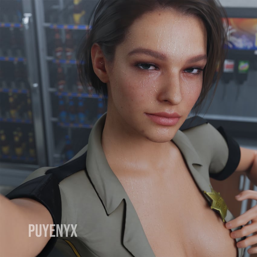 breasts jill_valentine puyenyx resident_evil seductive seductive_eyes seductive_look seductive_smile self_upload selfie short_hair smile smile_at_viewer tease undressing wet wet_body wet_skin