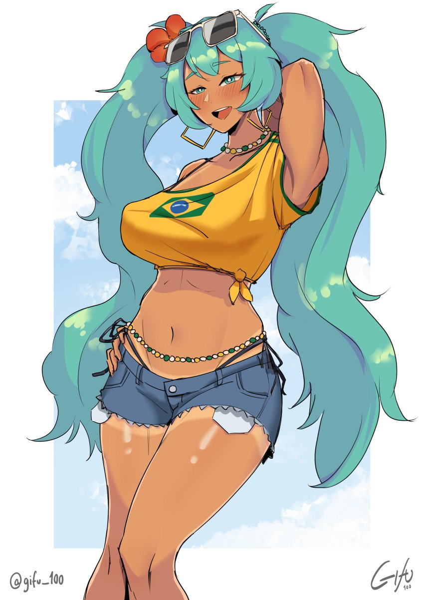 1girls armpits arms_up ass athletic athletic_female big_ass big_breasts big_thighs bikini blush brazil brazilian brazilian_female brazilian_miku breasts busty crop_top cyan_eyes cyan_hair daisy_dukes female female_focus female_only flower_in_hair gifu_100 hatsune_miku hourglass_figure latin_american_hatsune_miku_(meme) long_hair looking_at_viewer short_shorts shorts skimpy skimpy_clothes solo standing sunglasses_on_head t-shirt tagme tan tan_body thick_hips thick_thighs thighs twintails vocaloid wide_hips